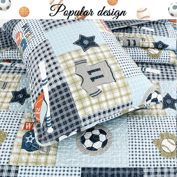Cozy Line Home Fashions Blue Sports Baseball Basketball Soccer Ball Football Quilt Set Bedspread Coverlet for Boys Kids (Sport, Twin - 2 Piece)
