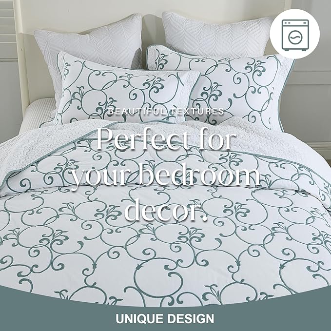 Oversized King Bedspread 120"x120" - 100% Cotton California King Quilt, Embroidered Bedspread Coverlet with Pillow Shams, Lightweight Quilted Bedding Set 3 Piece, Aqua Blue/White