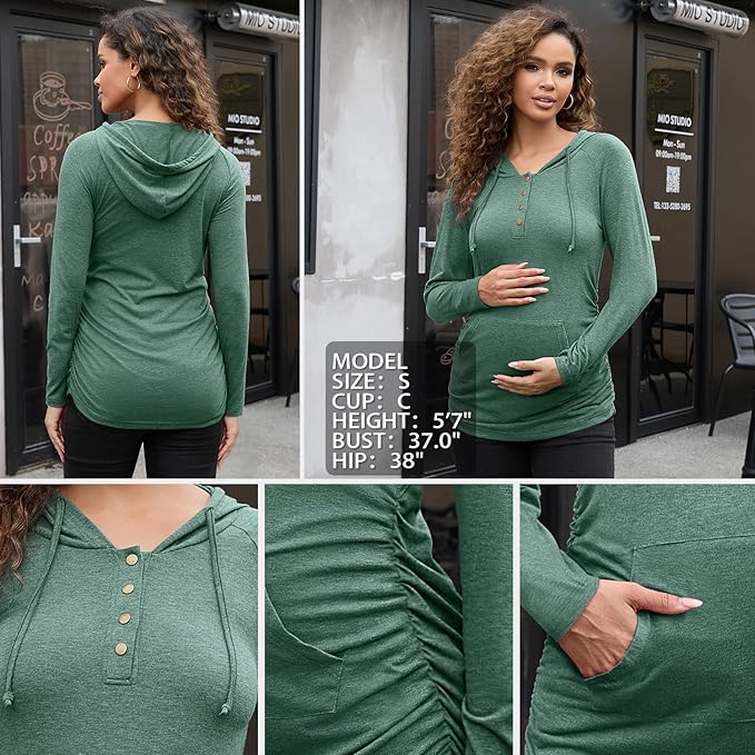 Bhome Maternity Hoodies Button Front Drawstring Hooded Shirt Long Sleeve Pullover Lightweight Sweatshirt with Kangaroo Pocket