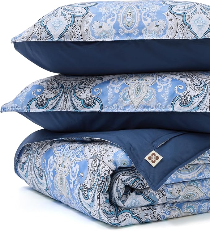 Bedsure 100% Cotton Reversible Paisley Damask Duvet Cover Queen Size - Classic Blue and White Pattern Comforter Cover with Zipper Closure & 2 Pillow Shams, No Comforter (Blue Paisley 90"x90")