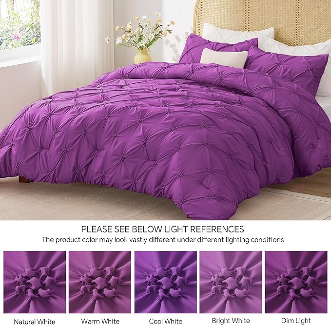BEDELITE Purple Twin Comforter Set - 2 Peices Boho Pintuck Bedding Comforter Sets, Lightweight Soft & Warm Twin Bedding Sets with 1 Pillowcase for All Season