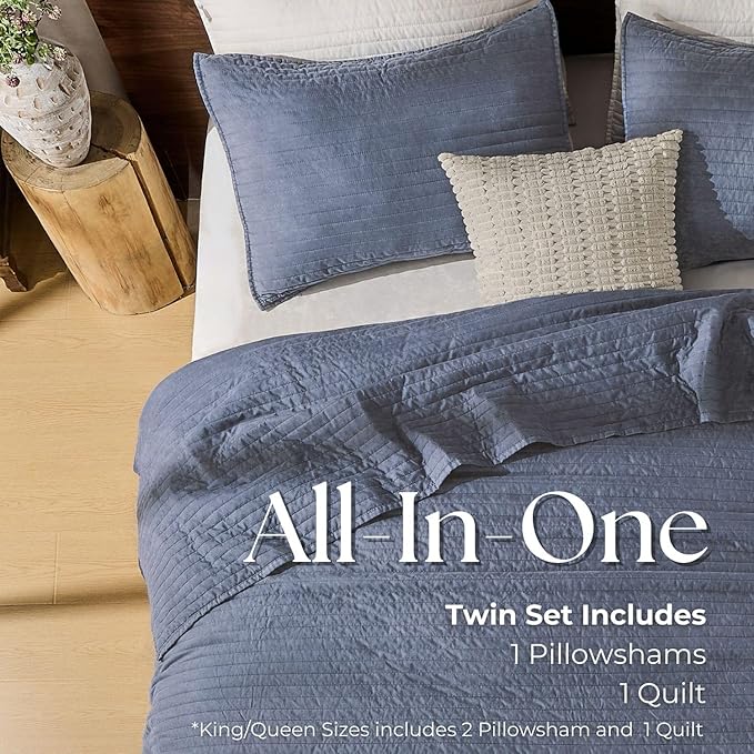 DOWN HOME Queen Quilt Bedding Set with Shams, Vintage Washed Soft Quilted Blanket Thin Comforter Lightweight Bedspread Coverlet Bed Cover, Brushed Microfiber Stripe Stitching, Vintage Denim, 86"x90"