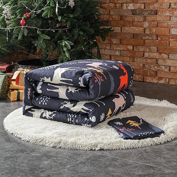 Yibeizi Christmas Comforter Set Twin, Kids Cute Tree Reindeer Printed Bedding Set with Pillow Sham, Lightweight Soft Breathable Machine Washable Quilted Bed Comforter Set 2 Piece