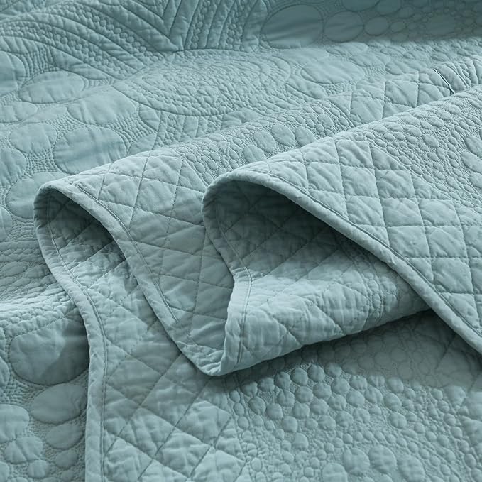 MarCielo 100% Cotton Quilt Set - 3-Piece Embroidered Farmhouse Bedspread & Shams, All-Season Breathable Bedding (Tf Aruba Blue, King)