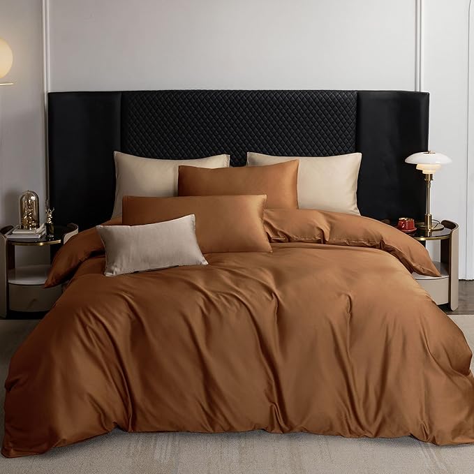 MooMee Duvet Cover Set 100% Extra Long Staple Cotton 600 Thread Count Silky Sateen Smooth Luxury Soft Breathable Durable Hotel Quality Bedding, 3 Pieces (Dark Orange, Queen 90"x90")
