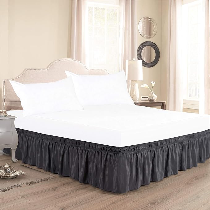 Bed Skirt - Wrap Around Bed Skirts Elastic Dust Ruffles, Easy Fit Wrinkle and Fade Resistant Luxurious Fabric Solid Color, Dark Grey King Size Beds 15 Inch Drop