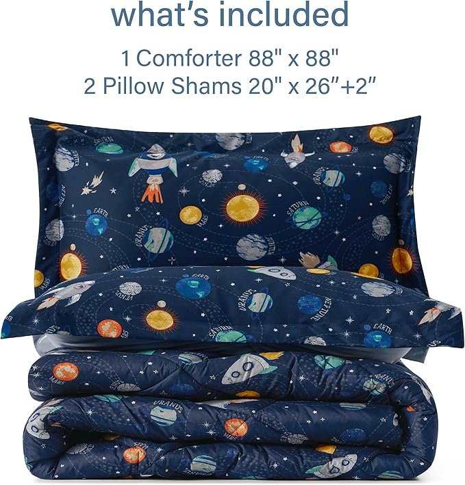 Queen Space Bedding Sets for Boys, 3 Pieces Kids Queen Comforter Sets, Super Soft Lightweight for All Seasons, Includes 1 Comforter (88"x88") and 2 Pillowcase (20"x26"+2")