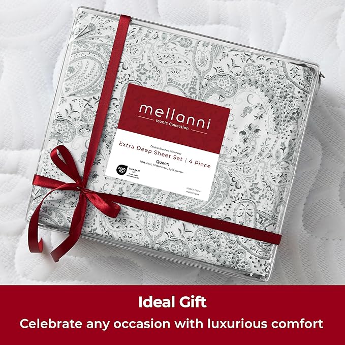 Mellanni Extra Deep Twin XL Sheets - 3 PC Iconic Collection Bedding - Luxury, Ultra Soft, Cooling Bed Sheets - Wrinkle, Fade, Stain Resistant (Twin Extra Long, Paisley Gray)