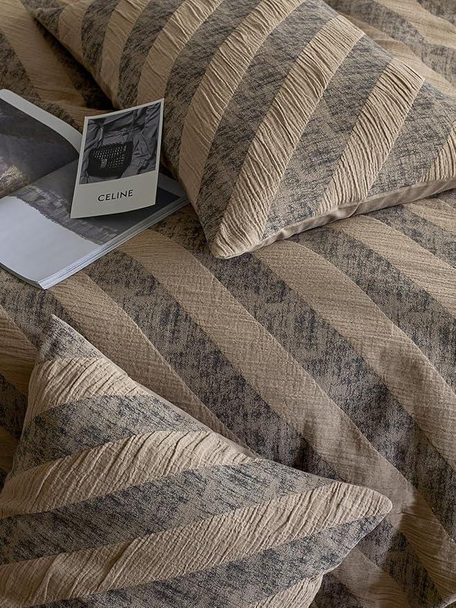 VM VOUGEMARKET Khaki Grey Striped Duvet Cover Queen Linen Cotton Bedding Set Jacquard Diagonal Stripes Duvet Cover Set Without Filling 90x90 Inch