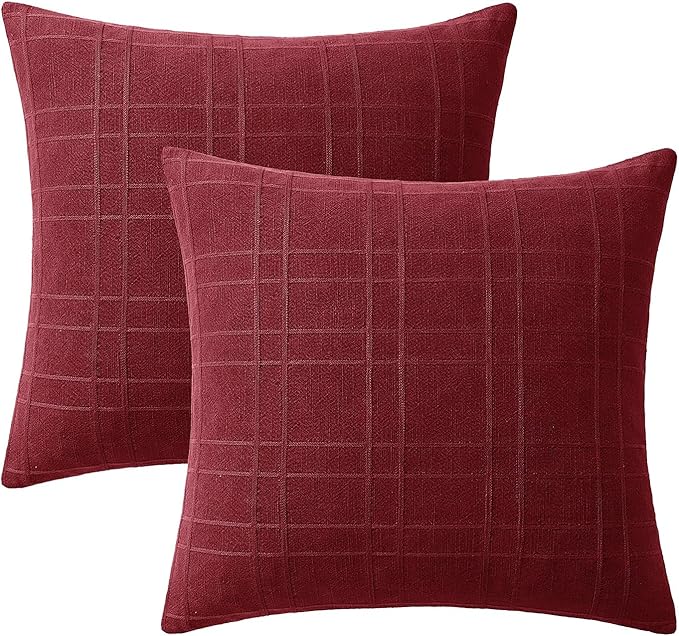MIULEE Decorative Linen Check Throw Pillow Covers Neutral Farmhouse Vintage Pillow Covers 20x20 Set of 2 Boho Modern Home Decor for Sofa Couch Bedroom Cushion Burgundy