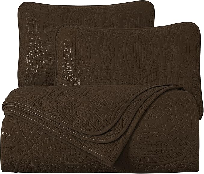 Chezmoi Collection Austin 3-Piece Oversized Bedspread Coverlet Set (Queen, Chocolate)