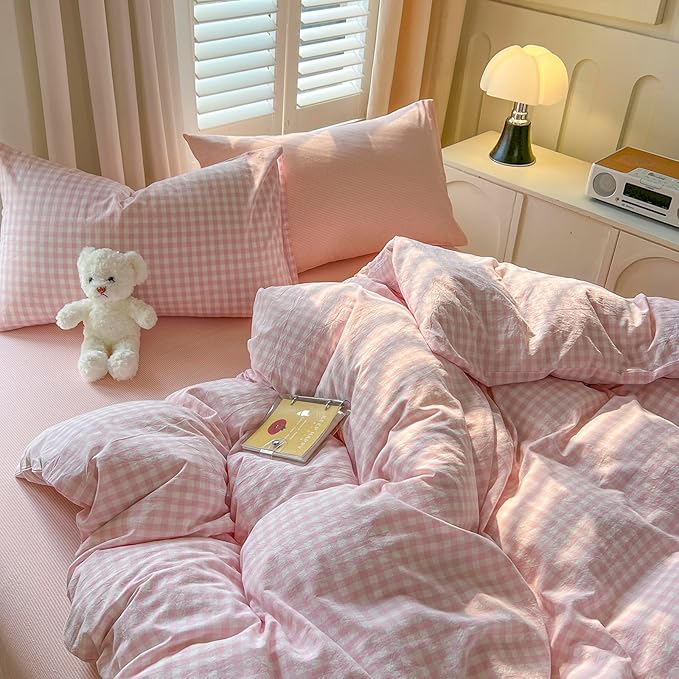 VM VOUGEMARKET Aesthetic Pink Plaid Duvet Cover Set, Soft Washed Cotton Bedding Set, Minimalist Gingham Bed Set with Pillowcases,Cozy Bedroom & Dorm Decor for Teen Girls & Students, King Size