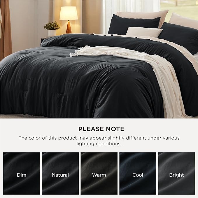 Bedsure Oversized Queen Comforter Set, Black Soft Prewashed Bedding for All Seasons, 3 Pieces GentleSoft™ Bed Set, 1 Lightweight Comforter (98"x98") and 2 Pillowcases (20"x26")