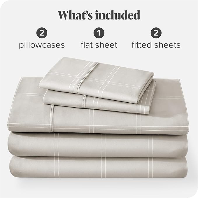 Bare Home Split King Sheet Set - 1800 Ultra-Soft Microfiber Double Brushed - Deep Pockets - Easy Fit - 5 Piece Set - Bed Sheets (Split King, Modern Plaid - Stone/White)
