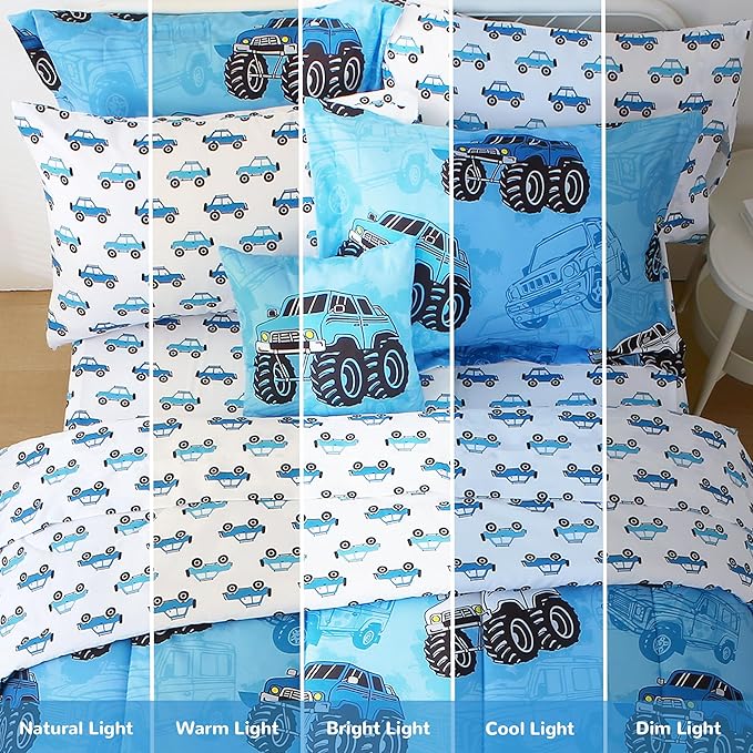 Mooreeke Kids Full Comforter Sets for Boys 8 Pieces Truck Blue Bedding Set for Teens Soft Microfiber Kids Bed in A Bag with Comforter, Sheet Set, Shams and Decorative Toy Pillow All Season