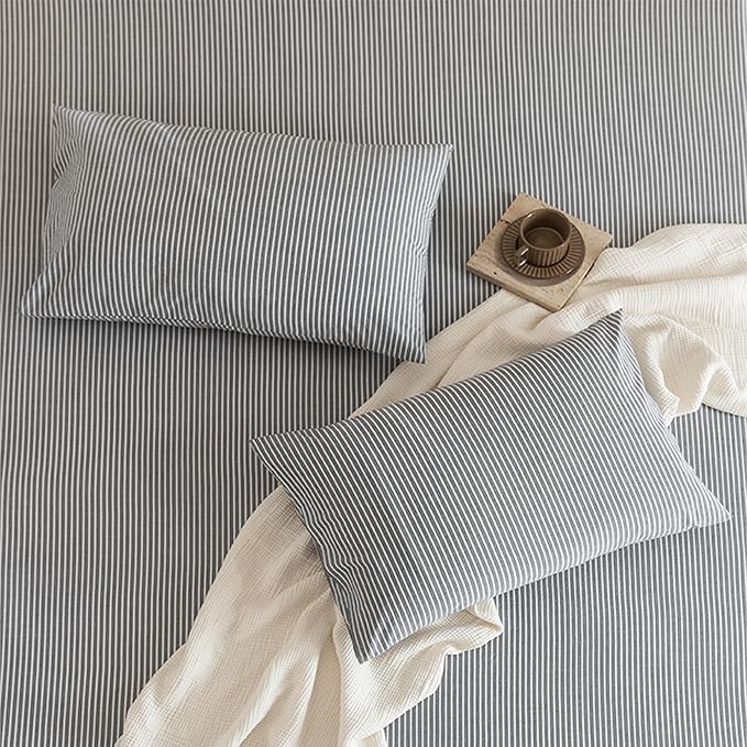 JIYUAN 100% Washed Cotton Striped Duvet Cover Set 3 Pieces Cal King,1 Duvet Cover and 2 Pillowcases(Comforter Not Included),Linen Like Comfy and Breathable,Pinstripes - Dark Grey White