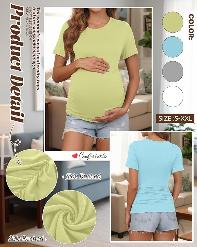 Huukeay 4 Pack Women's Maternity Shirts, Crew Neck Maternity Top Short Sleeve Casual Cotton Tee Side Ruched Pregnancy Clothes