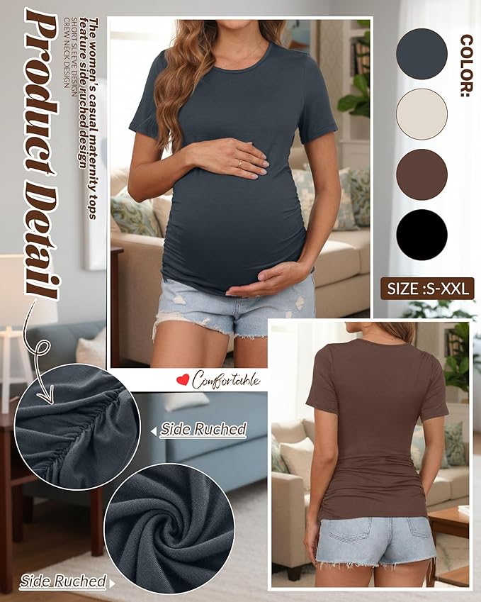 Huukeay 4 Pack Women's Maternity Shirts, Crew Neck Maternity Top Short Sleeve Casual Cotton Tee Side Ruched Pregnancy Clothes
