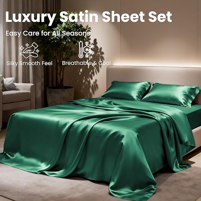 Love's cabin 4Piece California King Satin Bed Linen Set, Dark Green Silky Satin Sheets, Deep Pocket, Luxury Silk Feel, 1 Flat, 1 Fitted Sheet, 2 Pillow Cases