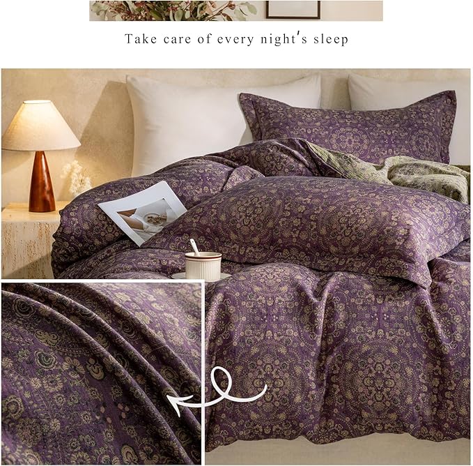 mixinni Purple Green Floral Duvet Cover King Size, Elegant Double-Layer Yarn Premium Cotton Vintage Duvet Cover Set, Exquisite Jacquard Design Bedding Set with 2 Pillowcases Perfect for Him and Her
