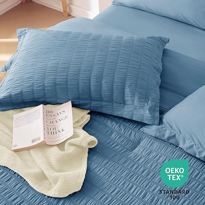 MUXHOMO 7 Pieces Queen Comforter Set, Seersucker Bed in a Bag Queen Size, All Season Luxury Bedding Set with Comforter, Flat Sheet, Fitted Sheet, Pillowcases & Shams, Mineral Blue