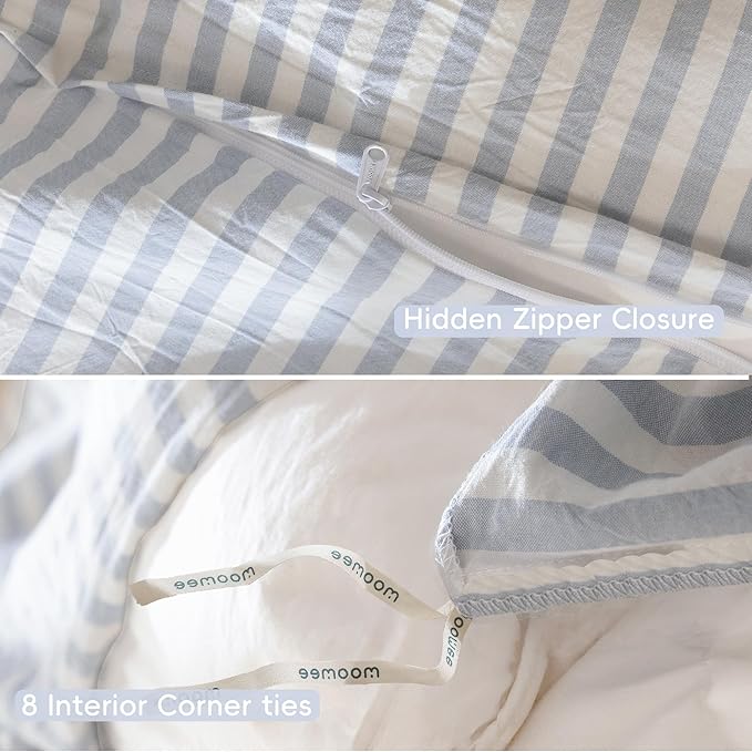 MooMee Striped Duvet Cover Set 100% Washed Cotton Linen Like Textured Breathable Durable Soft Comfy (Cornflower Blue White Classic Stripes, Oversized Queen 98"x98")