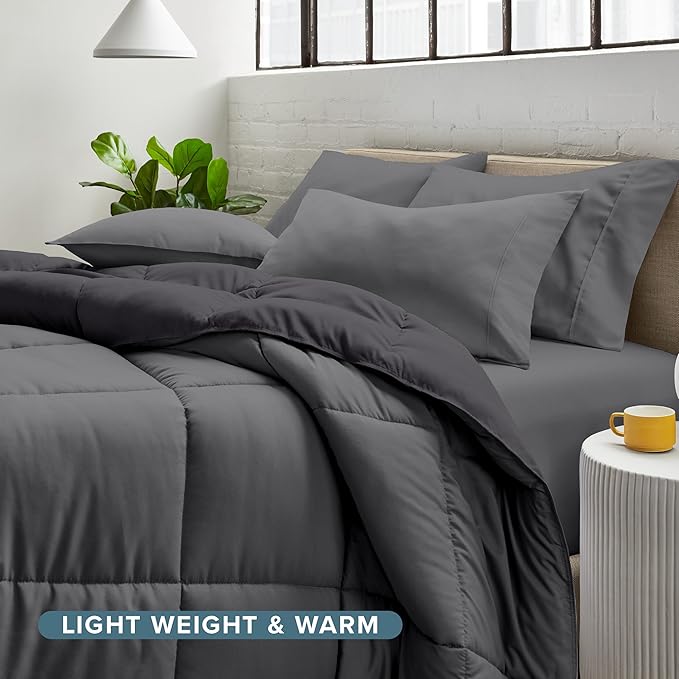 Bare Home Reversible Bed-in-A-Bag Comforter & Sheet Set - King - Down Alternative - Soft - Bedding Set (King, Grey/Forged Iron Grey, Grey)