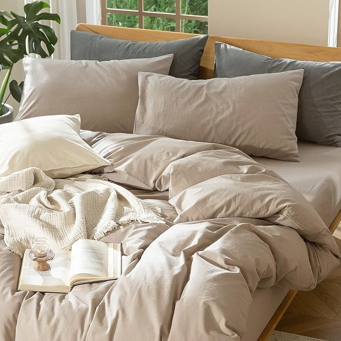 MooMee Bedding Duvet Cover Set 100% Washed Cotton Linen Like Textured Breathable Durable Soft Comfy (Heathered Taupe, Twin 68"x90")