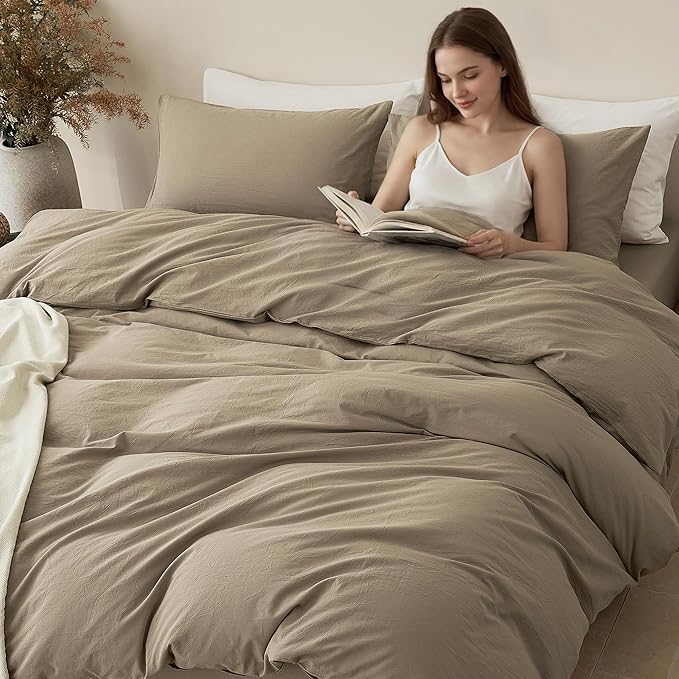 JELLYMONI Duvet Cover Queen Size - Washed Cotton Comforter Cover with Linen-Like Texture,Breathable & Soft Bedding for Modern Home,Guest Room and Everyday Use,Dusty Khaki 1 Duvet Cover & 2 Pillowcases
