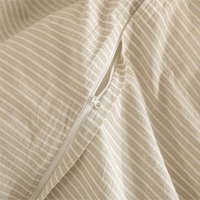 JIYUAN 100% Washed Cotton Striped Duvet Cover Set 3 Pieces Queen, 1 Duvet Cover and 2 Pillowcases(Comforter Not Included),Linen Like Comfy and Breathable,Pinstripes - Beige White