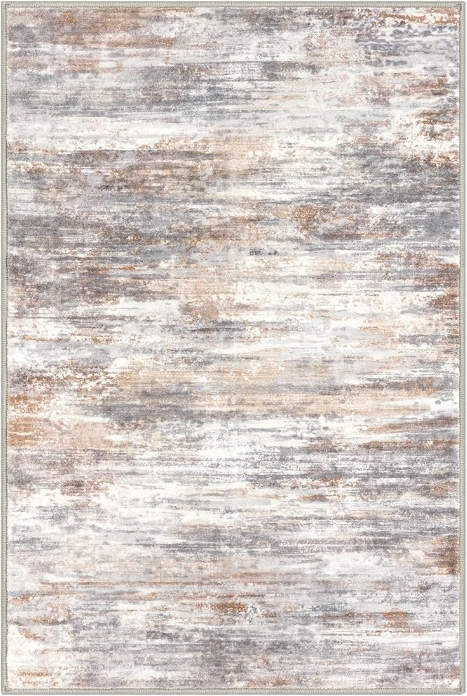 KOZYFLY Modern Abstract Small Area Rugs 2x3, Washable Kitchen Rug Non-Slip Soft Small Bathroom Rug, Multi Grey Striped Entryway Rugs Print Faux Wool Doormat for Bedside Entrance Bedroom Sink