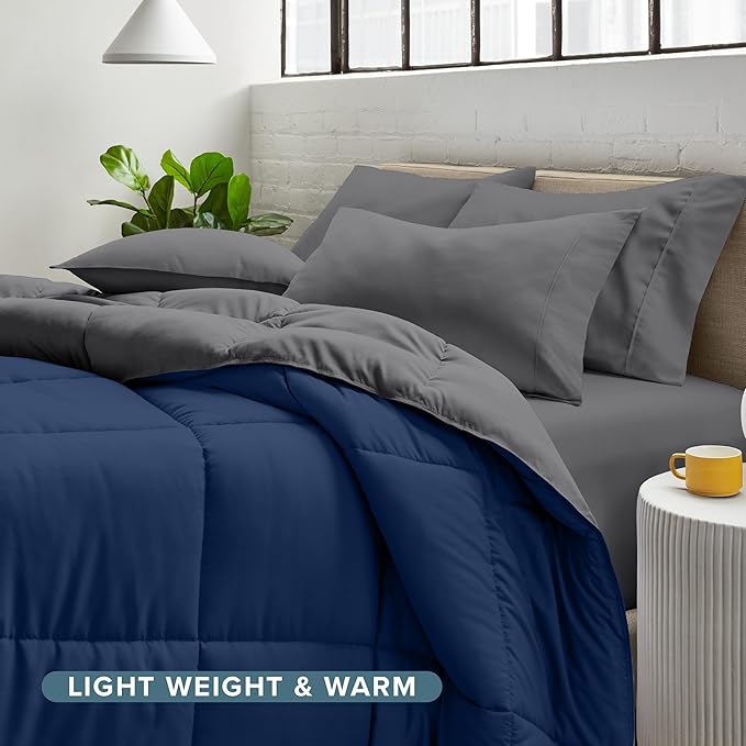 Bare Home Reversible Bed-in-A-Bag Comforter & Sheet Set - Full - Down Alternative - Soft - Bedding Set (Full, Dark Blue/Grey, Grey)