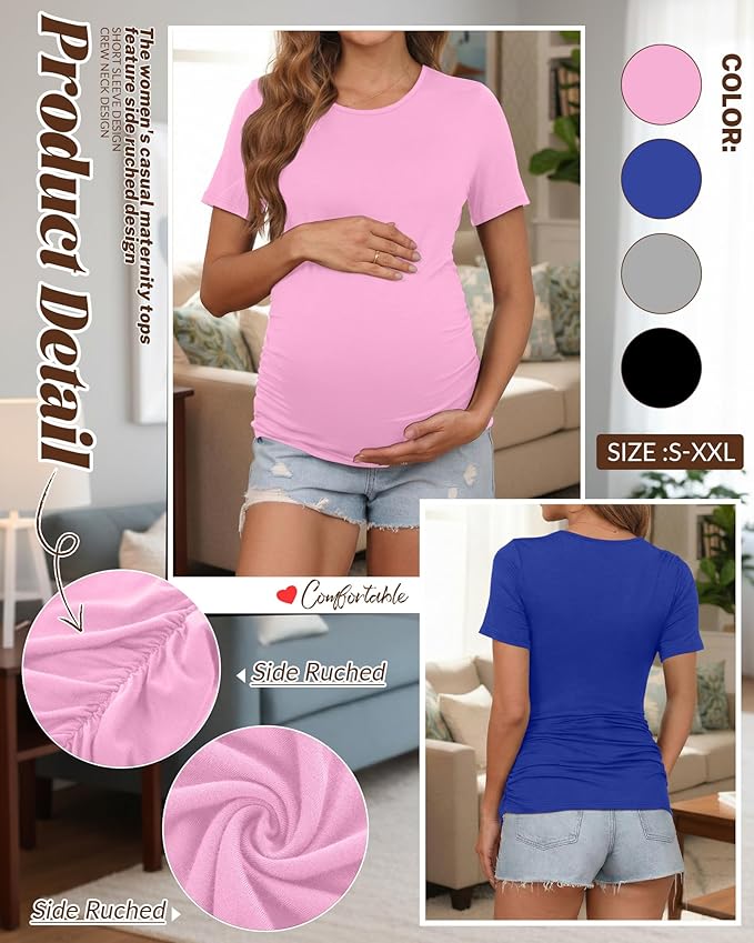 Huukeay 4 Pack Women's Maternity Shirts, Crew Neck Maternity Top Short Sleeve Casual Cotton Tee Side Ruched Pregnancy Clothes