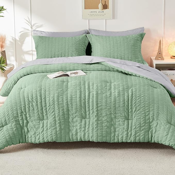HYMOKEGE Sage Green/Light Grey Queen Comforter Set Seersucker 7 Pieces, All Season Luxury Bed in a Bag Queen for Bedroom, Bedding Set with Comforter, Sheets, Pillowcases & Shams
