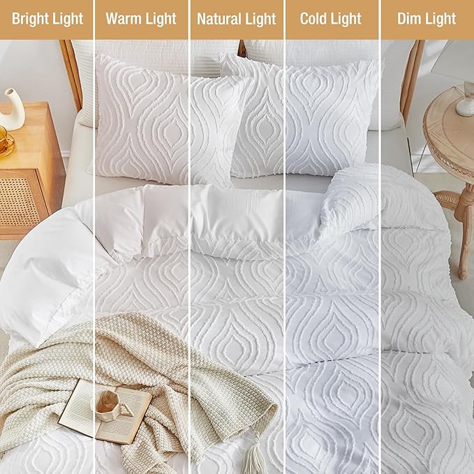 Lekesky White Duvet Cover Queen Size, Boho Tufted Textured Queen Duvet Cover Set 3pcs Ultra Soft Microfiber Breathable Shabby Chic Bedding Sets with Zipper Ties (No Comforter)