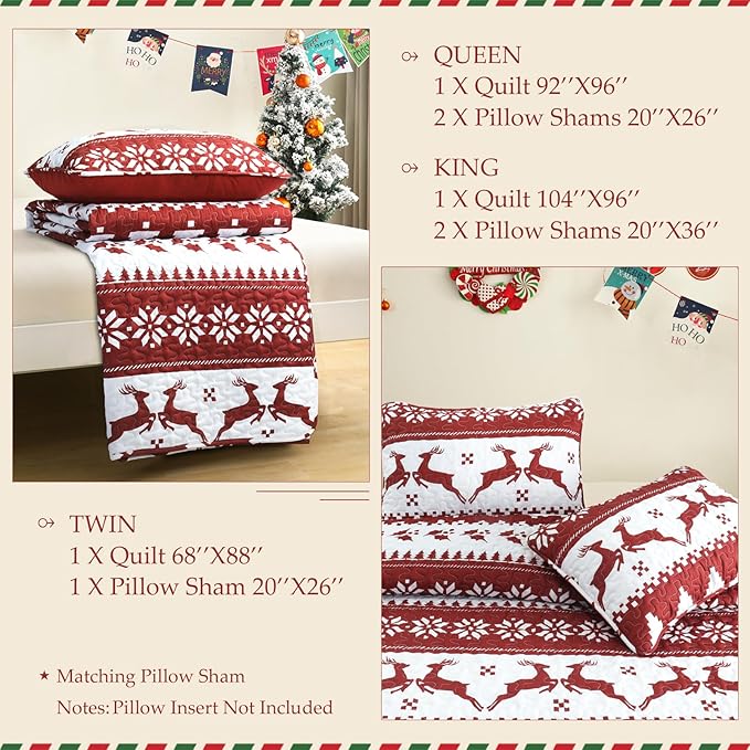 Exclusivo Mezcla Reversible Christmas Quilts King Size, Red Bedspread Lightweight Coverlet Winter Quilt Bedding Set with Printed Striped Reindeer Snowflakes Pattern (1 Quilt, 2 Pillow Shams)