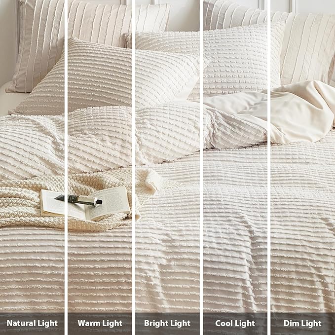 WARMDERN Boho Duvet Cover Set Queen Size,Khaki Striped Duvet Cover Microfiber Bedding Set,3PCS Ultra Soft Breathable Lightweight Tuft Texture Pattern Duvet Covers with Zipper Closure(Khaki,Queen)