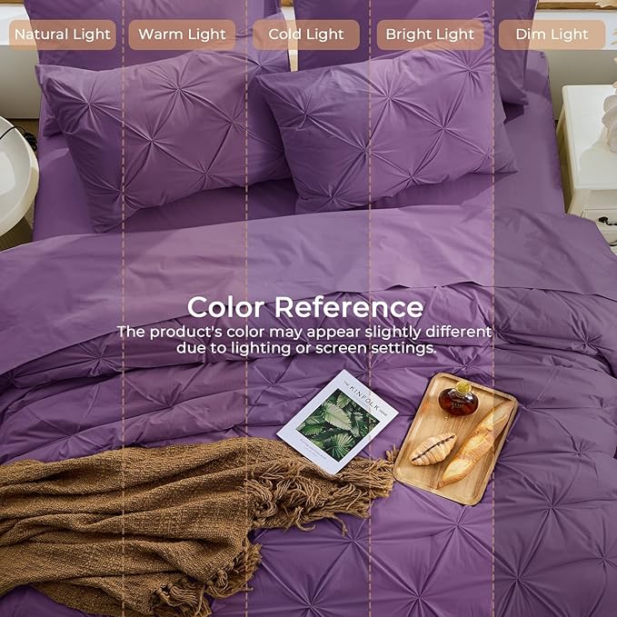 Sasttie Twin Comforter Set, 5-Piece Bed in a Bag, Pintuck Bedding Sets for All Season, Includes Comforter, Flat Sheet, Fitted Sheet, Pillowcase and Pillowsham, Grape Purple