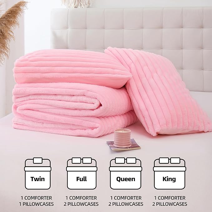Smoofy Fluffy Full Size Comforter Sets 3 Pieces - Pink Fleece Fluffy Comforter Set, Luxury Fuzzy Full Bed Set, Soft Comforter Full Size All Season, Heavy Faux Fur Comforter with 2 Pillow Cases