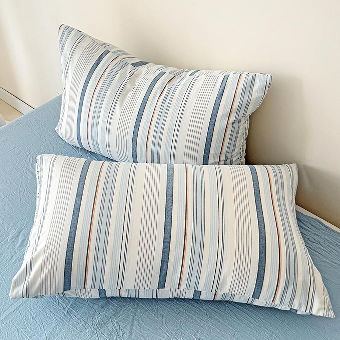 VM VOUGEMARKET Blue Striped Duvet Cover Set Queen 100% Washed Cotton Bedding Set 3 Piece Colorful Pinstripes Comforter/Quilt Cover with Zipper Closure Corner Ties,Modern Cozy