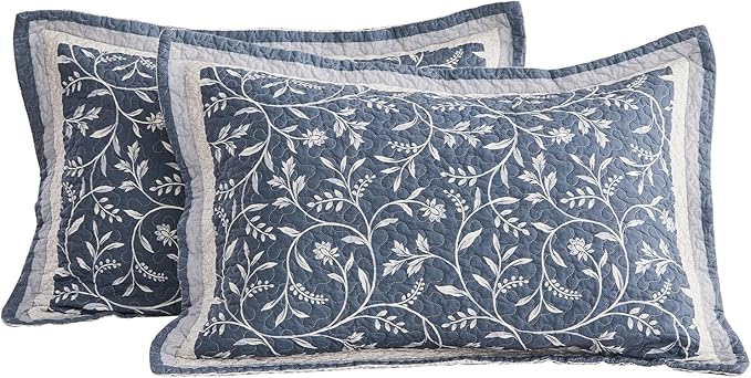 Oversized California King Bedspread - 100% Cotton Lightweight Quilted Coverlet - Soft Reversible Bedding, Botanical Floral Design - Includes 1 Bedspread (128x120)+2 Pillowshams Grayish-blue
