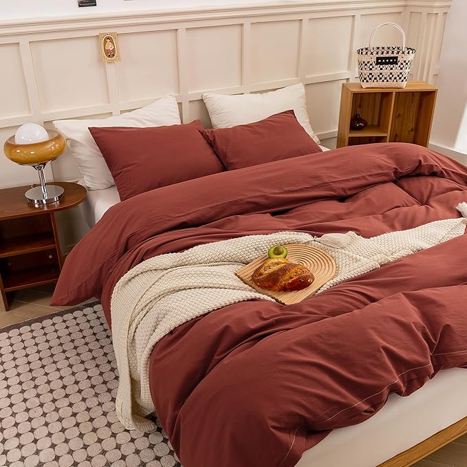 ECOCOTT Duvet Cover King Size - Linen Feel Organic Natural 100% Washed Cotton, Soft Breathable 3 Pieces Bedding Set with Zipper Closure, Burnt Brick Red
