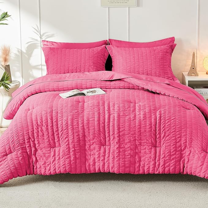 HYMOKEGE Hot Pink California King Comforter Set Seersucker 7 Pieces, All Season Luxury Bed in a Bag for Bedroom, Bedding Set with Comforter, Sheets, Pillowcases & Shams