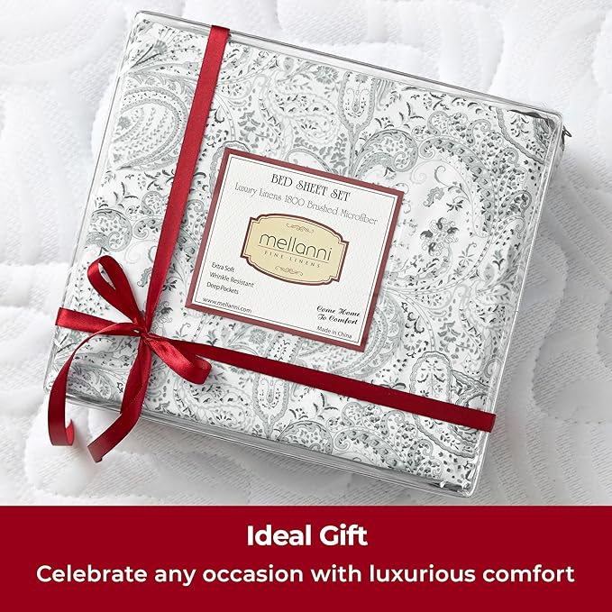 Mellanni Queen Sheets Set - 4 PC Iconic Collection Bedding - Hotel Luxury, Extra Soft, Cooling Bed Sheets - Wrinkle, Fade, Stain Resistant (Queen, Paisley Gray)
