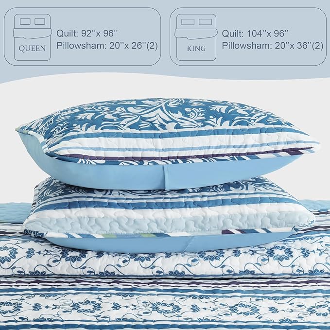 Exclusivo Mezcla Reversible Boho Quilts Queen Size, Blue Bedspreads Lightweight Coverlet All Season Bohemian Quilt Bedding Set with Printed Striped Floral Pattern (1 Quilt, 2 Pillow Shams)