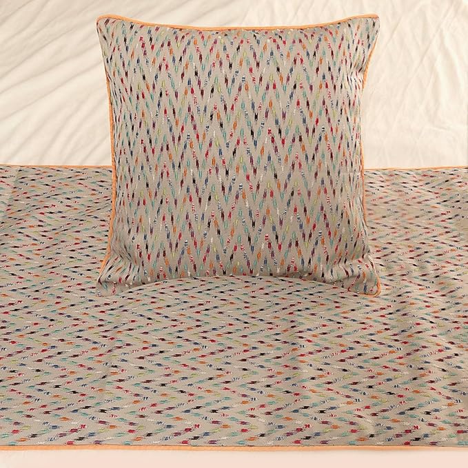 The HomeCentric King Queen Twin Beige & Multicolor Luxury Queen 74"x18" Bed Runner with 2 Pillow Cover, Chevron Embroidery Bed Scarf on Jacquard Embroidered Fabric - Happy Chevy