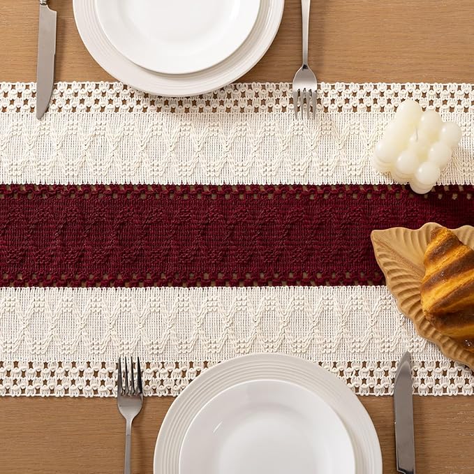 Socomi Boho Table Runner Valentine's Day Farmhouse Rustic Dining Kitchen Centerpiece Decor Small Macrame Woven Cotton Linen Coffee Table Runner for Dresser Scarf Home Decor 12x72 in Burgundy Ivory