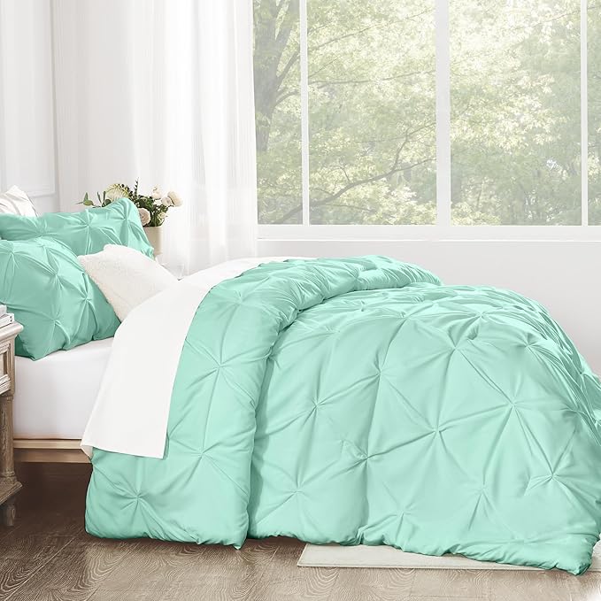 Andency California King Comforter Set Mint Green (104x96Inch), Pinch Pleat Cal King Comforter Set 3 Pieces, Oversized King Pintuck Bed Comforter, Microfiber Down Alternative Comforter Bedding Set