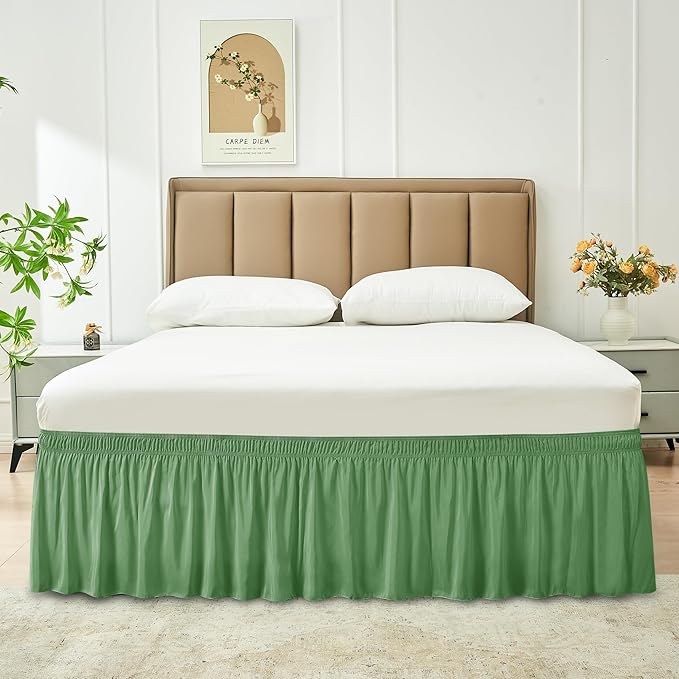 Biscaynebay Wrap Around Bed Skirts for Queen Beds 19" Long Drop, Sage Adjustable Elastic Dust Ruffles Easy Fit Wrinkle Resistant Silky Luxurious Fabric Machine Washable