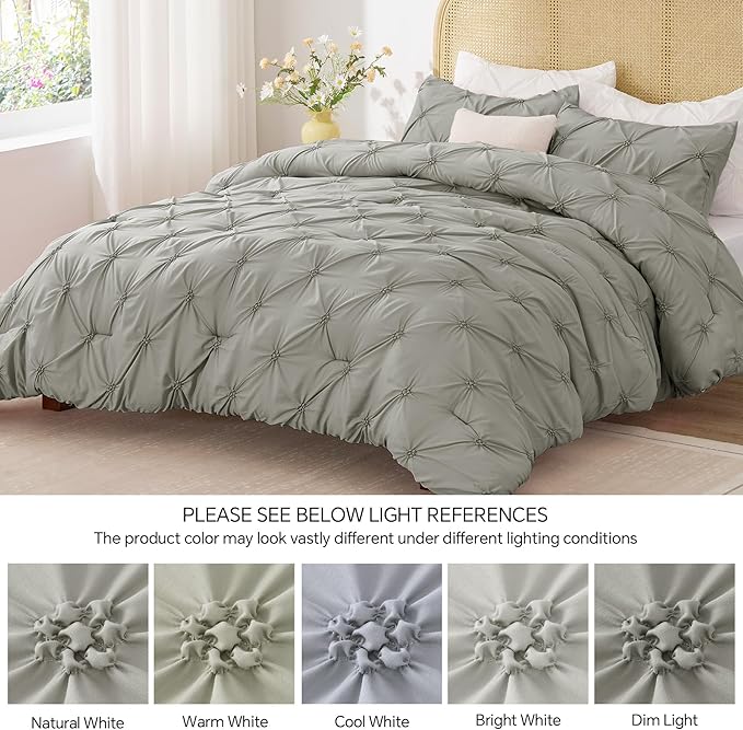 BEDELITE Grey King Size Comforter Set - 3 Pieces Boho Pintuck Bedding Comforter Sets, Lightweight Soft & Warm King Bedding Set with 2 Pillowcases for All Season